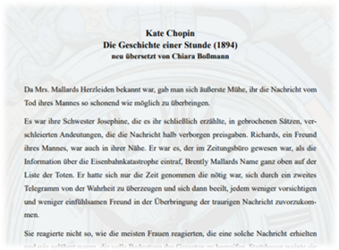 Screenshot des Beginns der übersetzten Kurzgeschichte von Kate Chopin